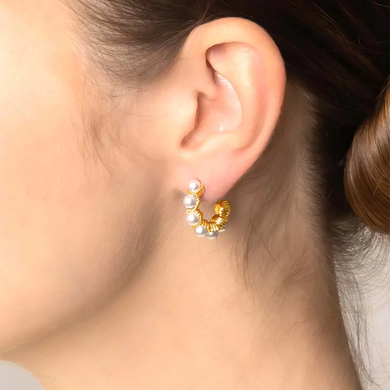 Pearl Hoop Post Earrings - Image 2