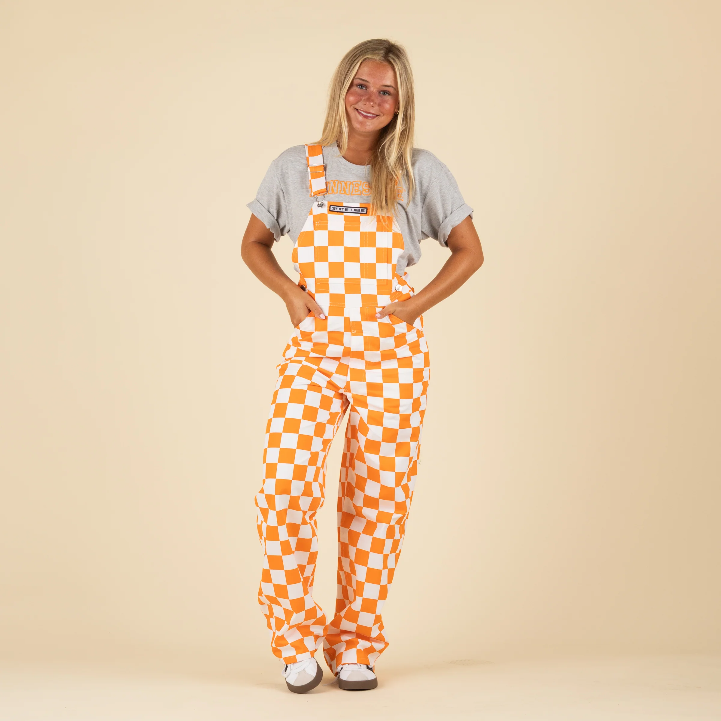 Checked Orange and White Overall Bibs - Image 2
