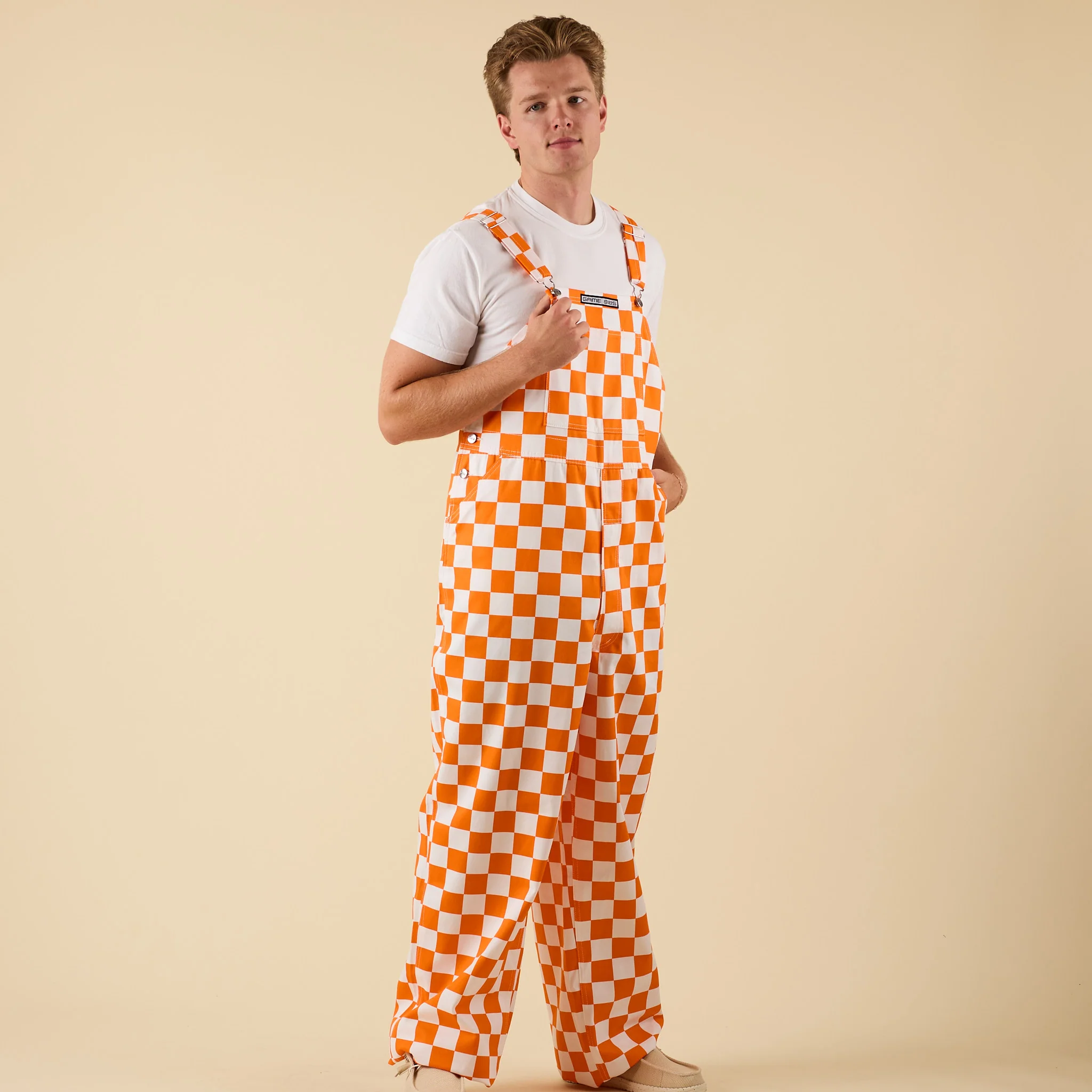 Checked Orange and White Overall Bibs - Image 4