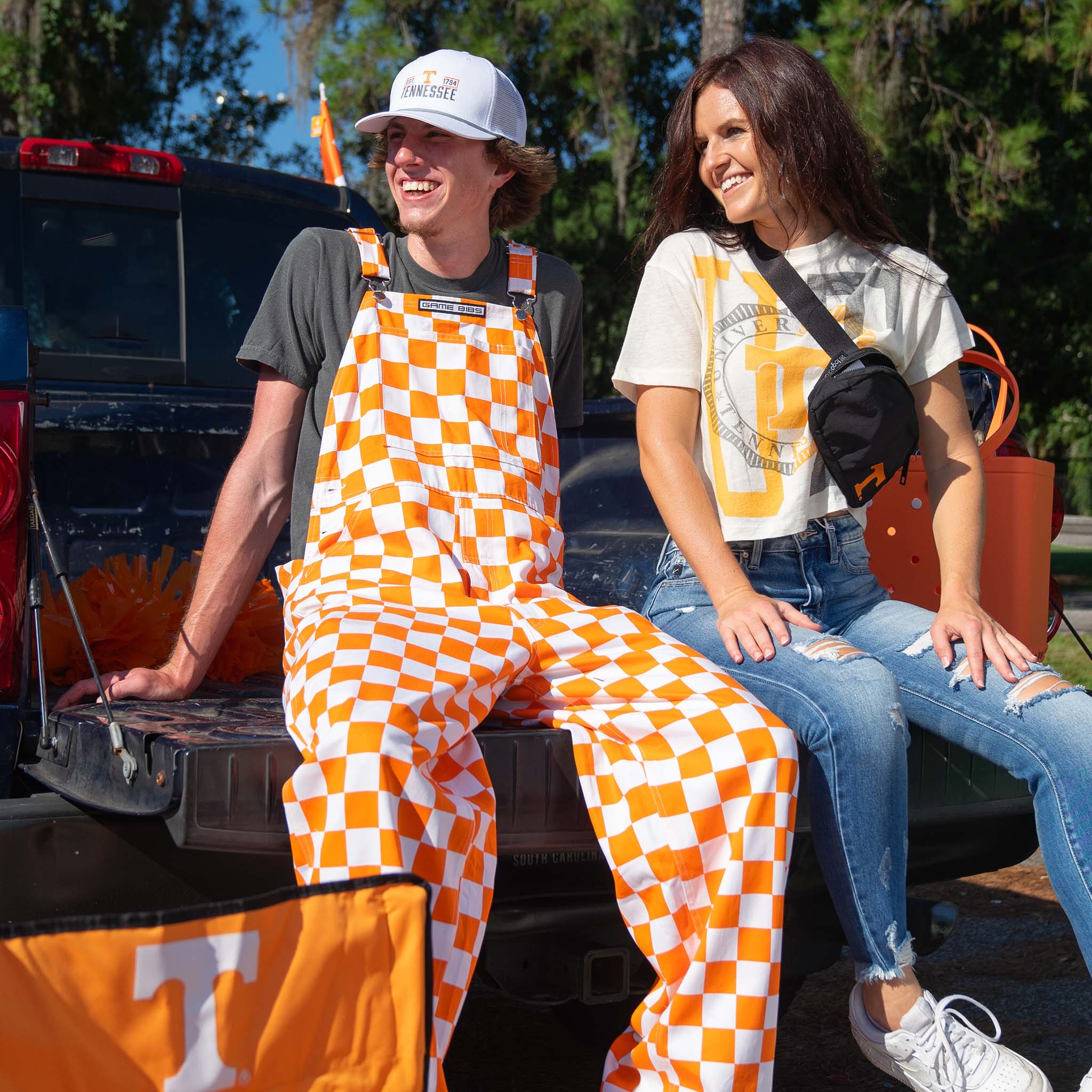 Checked Orange and White Overall Bibs - Image 7