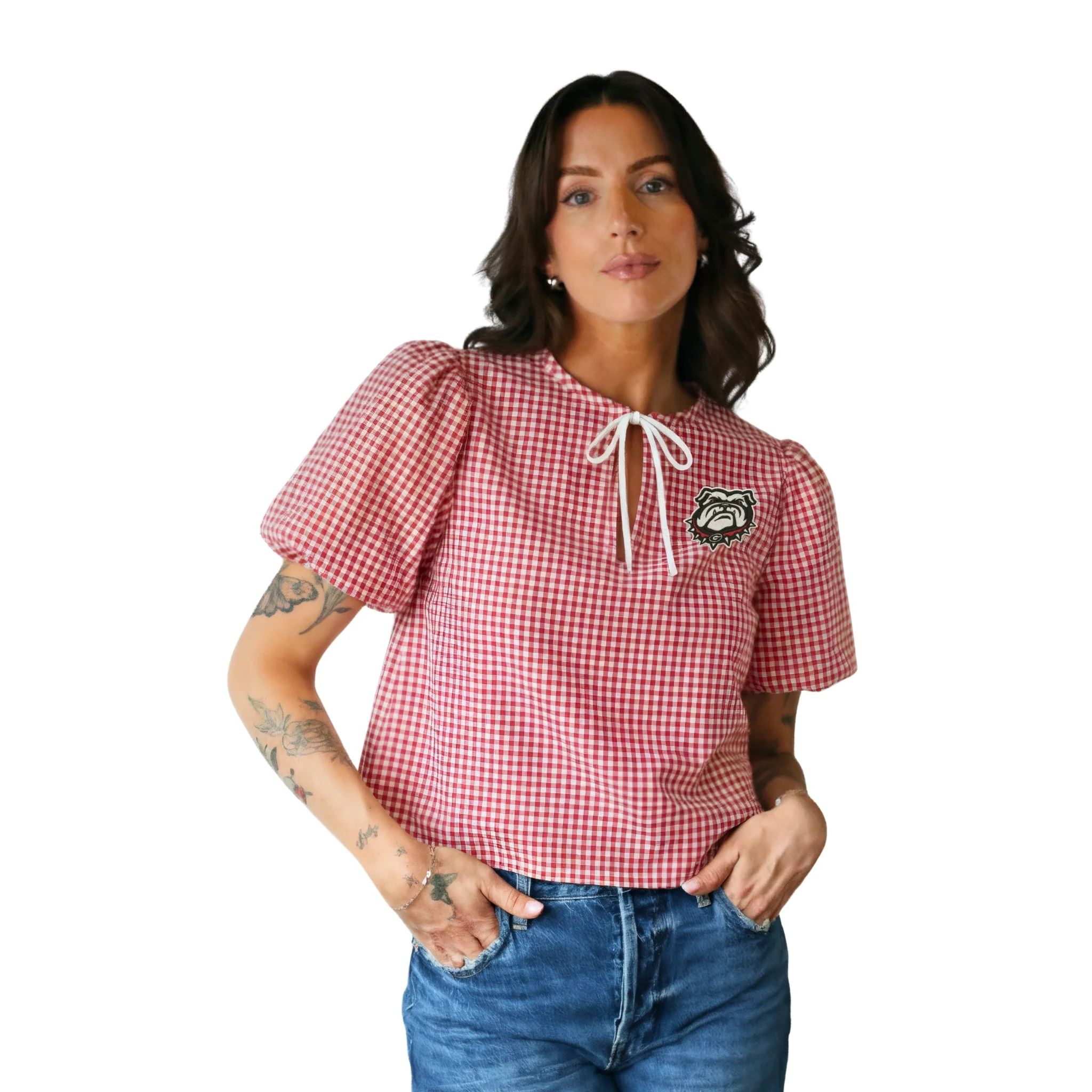 Georgia Bulldogs Gingham Puff Sleeve Top