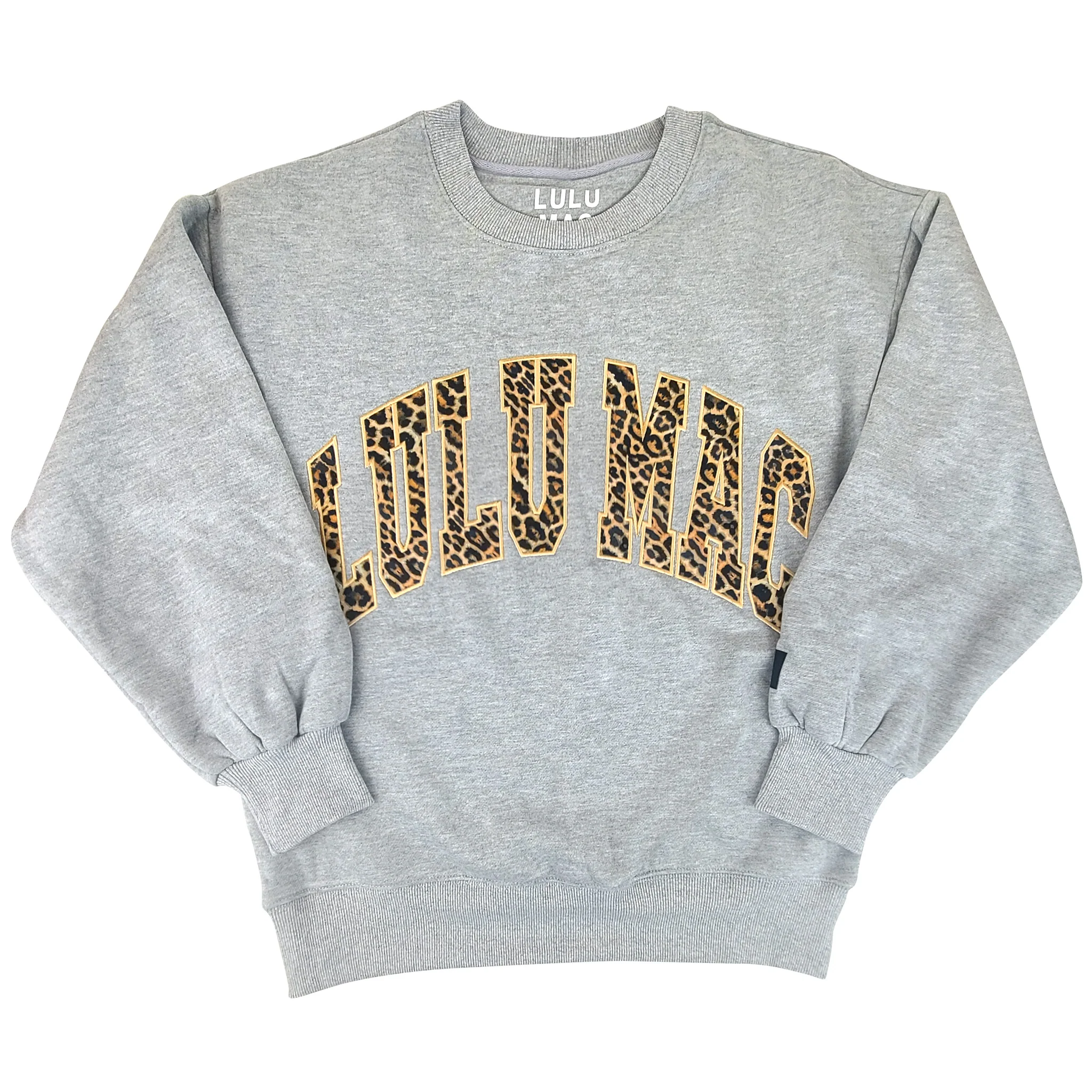 Lulu Mac Leopard Embroidered Crew in Heather Gray