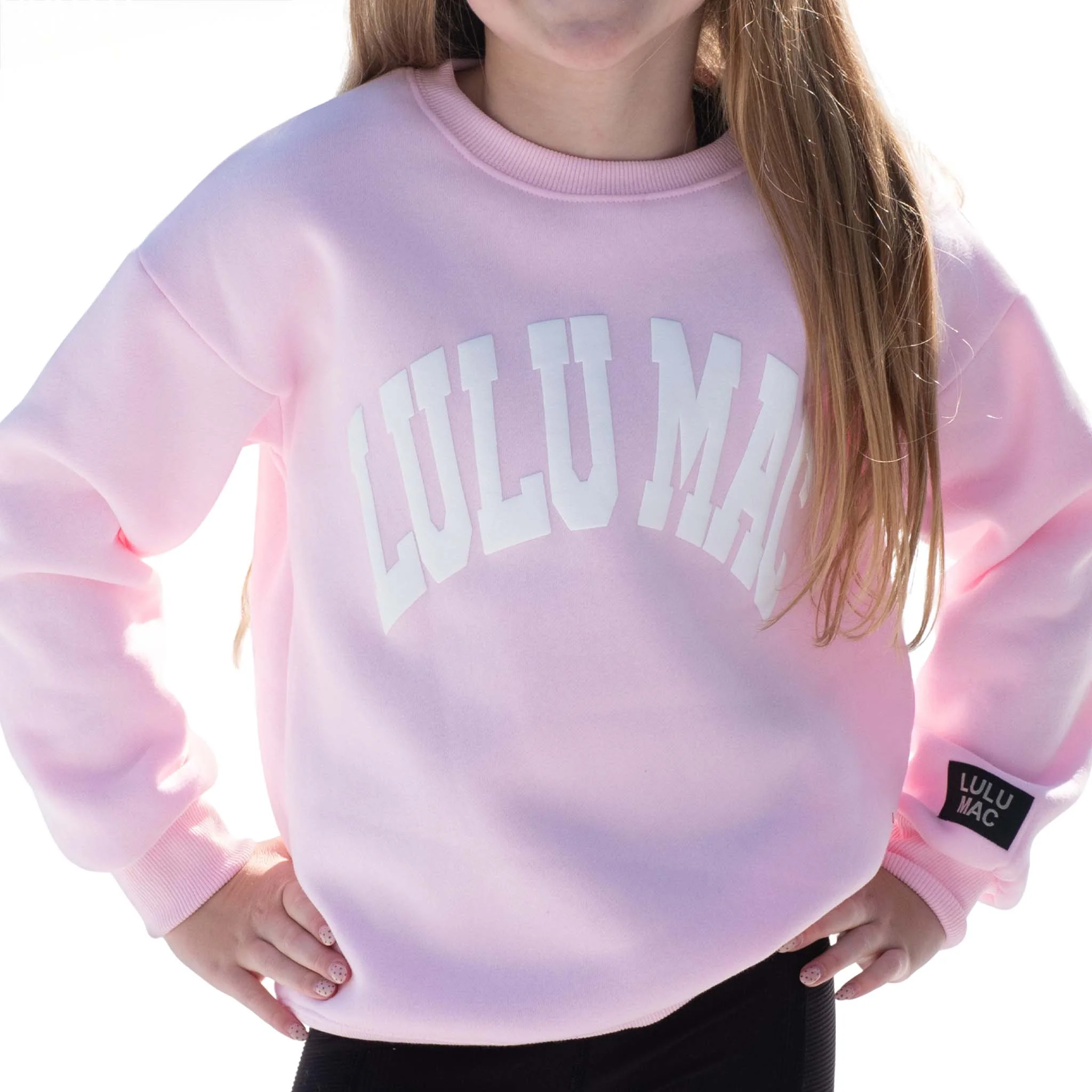 Youth Lulu Mac Puff Crewneck Sweatshirt in Light Pink and White