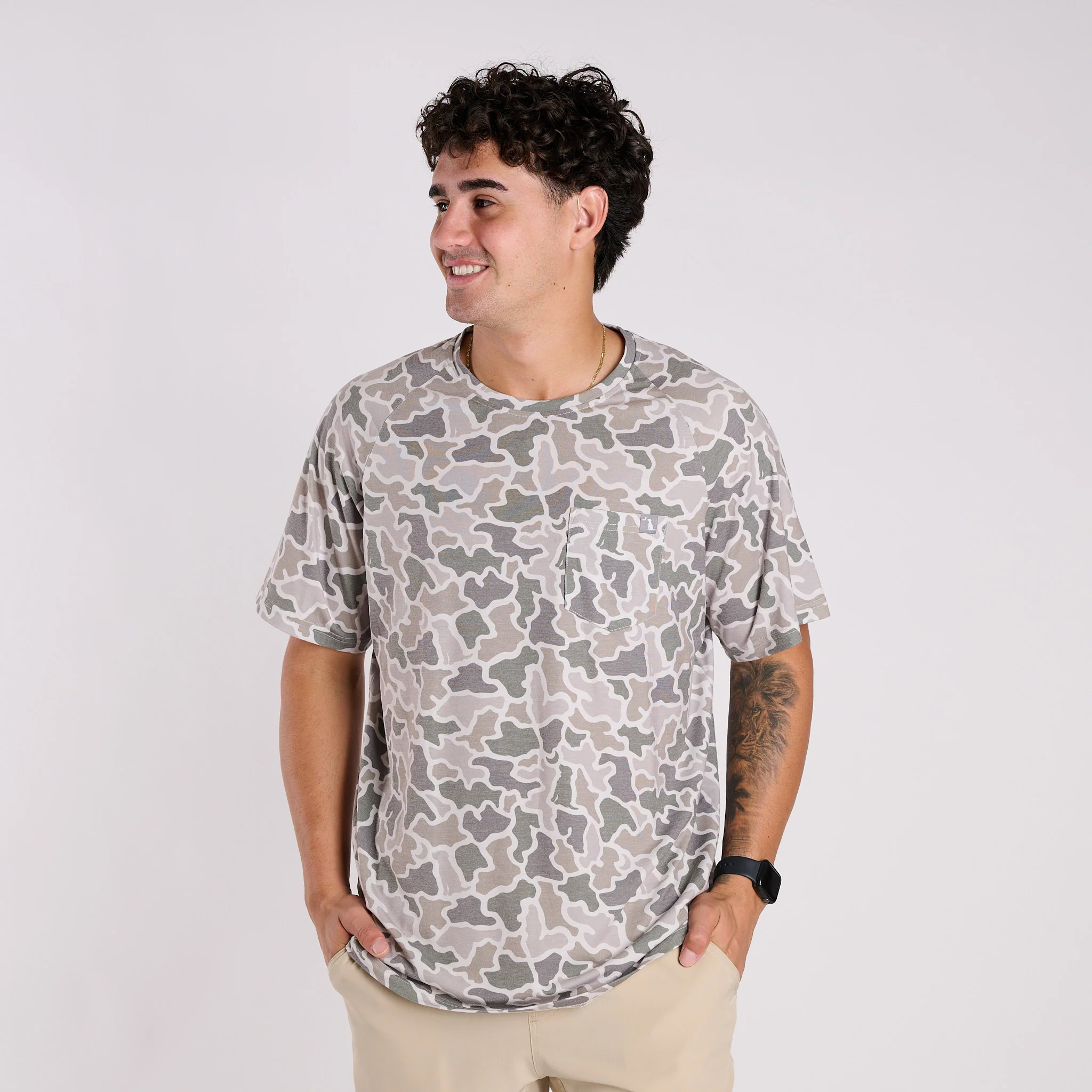 Heather Blend Crewneck Short Sleeve T-Shirt in Dog and Moon Camo - Image 2