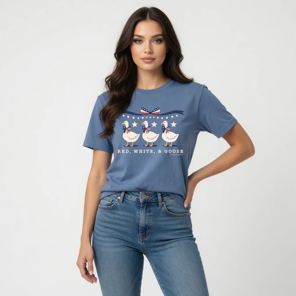 Red, White, & Goose Short Sleeve T-Shirt in Washed Denim - Image 2