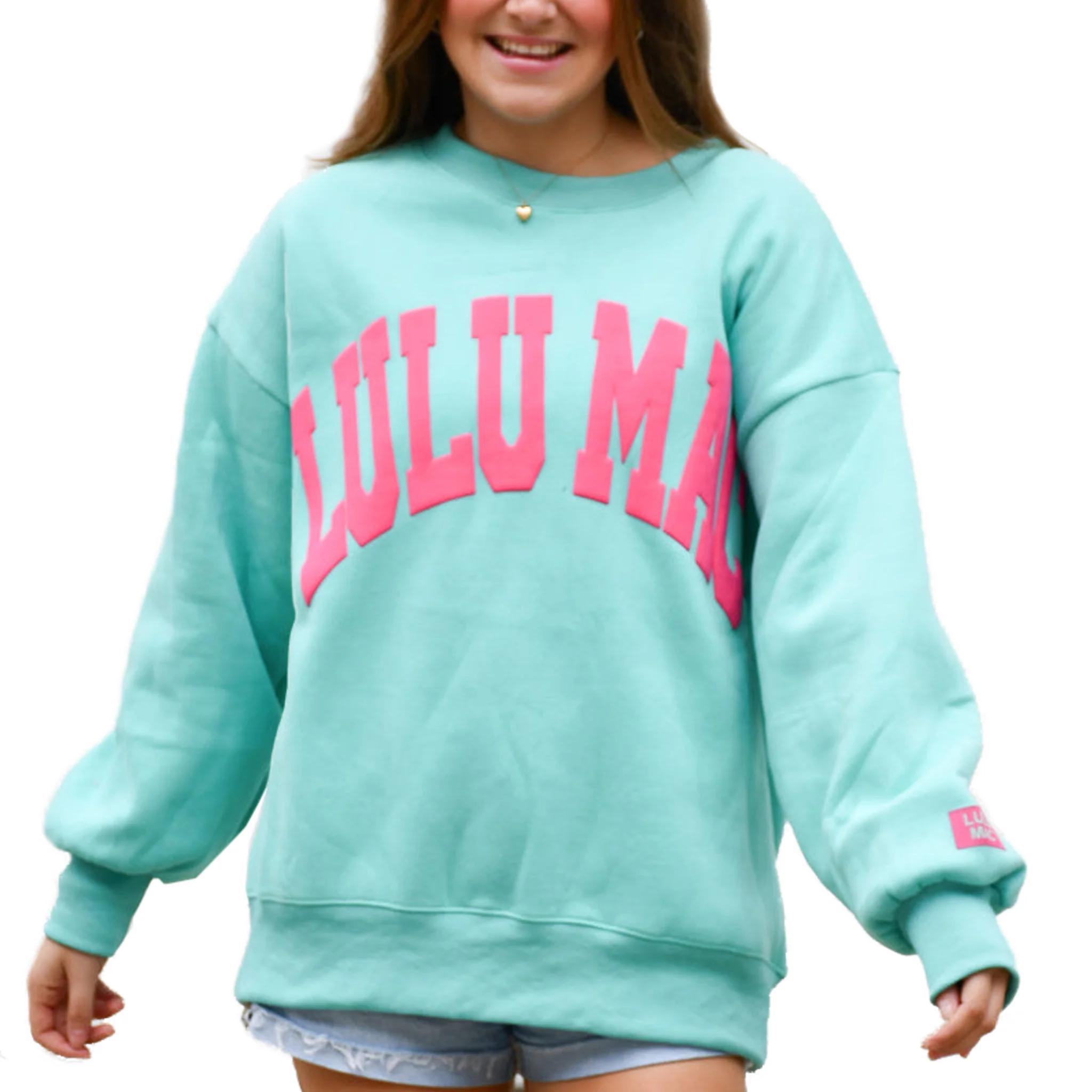 Lulu Mac Puff Crewneck Sweatshirt in Mint and Hot Pink - Image 4
