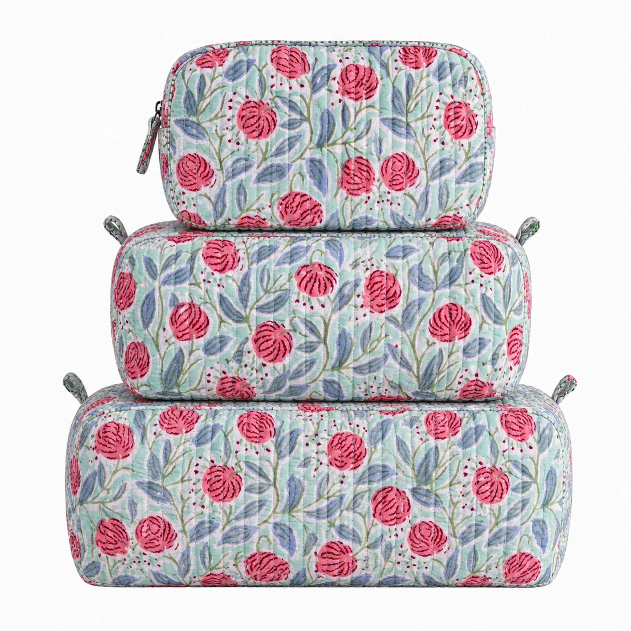 3-in-1 Quilted Cosmetic Bag Set in Mint Floral