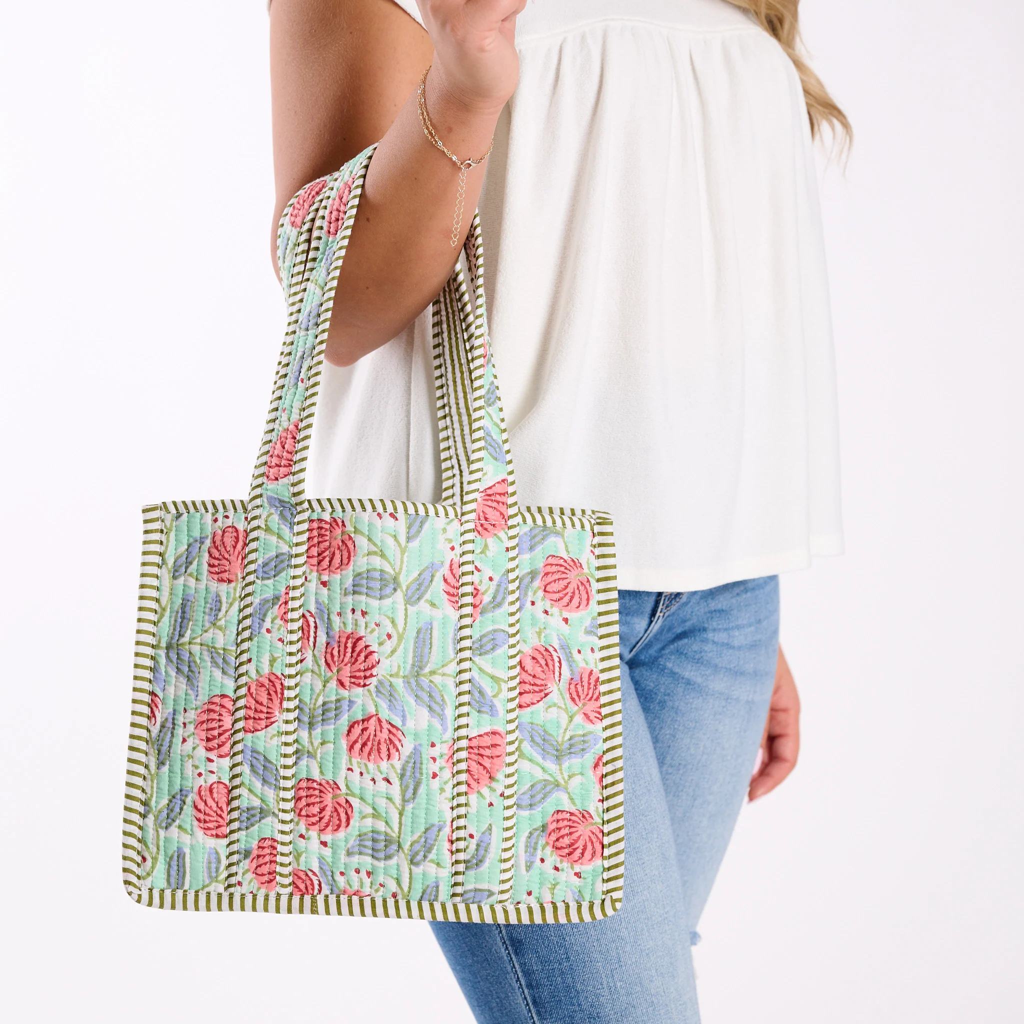 Mini Mint Floral Quilted Tote Bag - Image 2