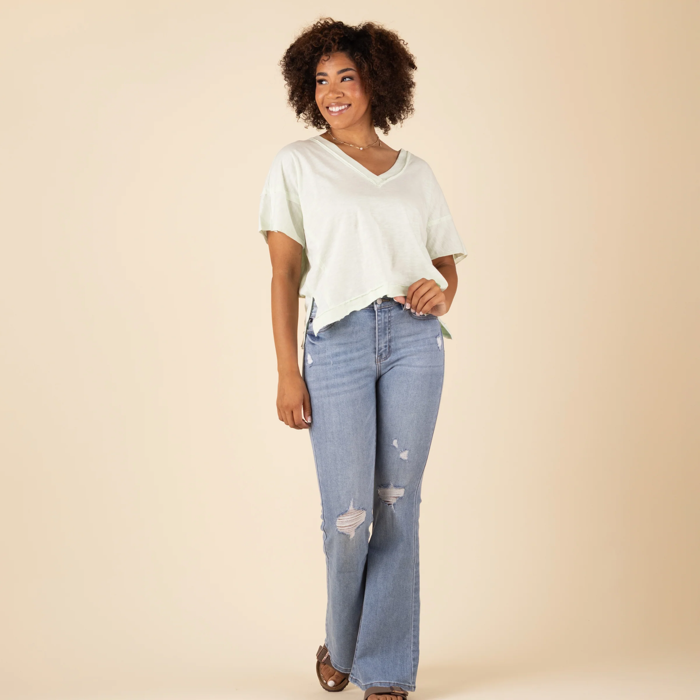 Short Sleeve Raw Edge V-Neck Top - Image 10