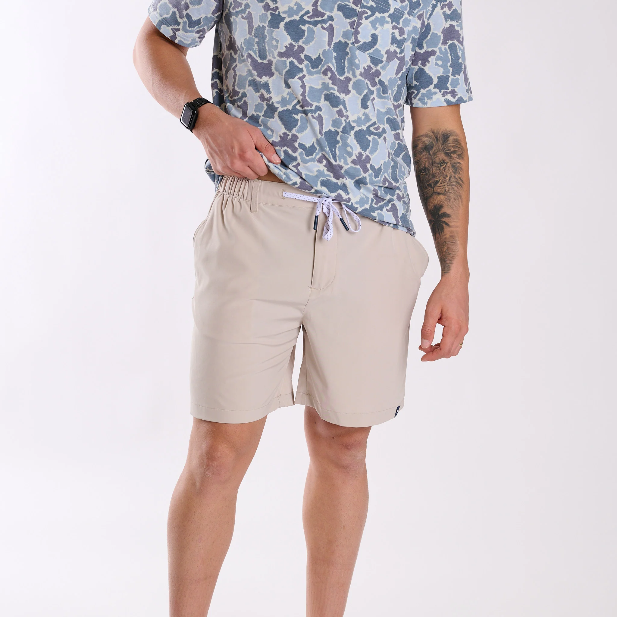 Button Drawstring Waist Shorts in Beige - Image 3