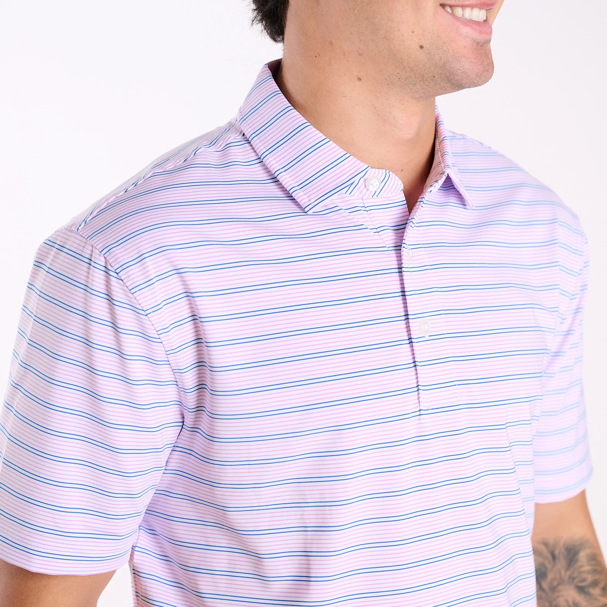 Men's Purple and Blue Striped UPF Polo - Image 2