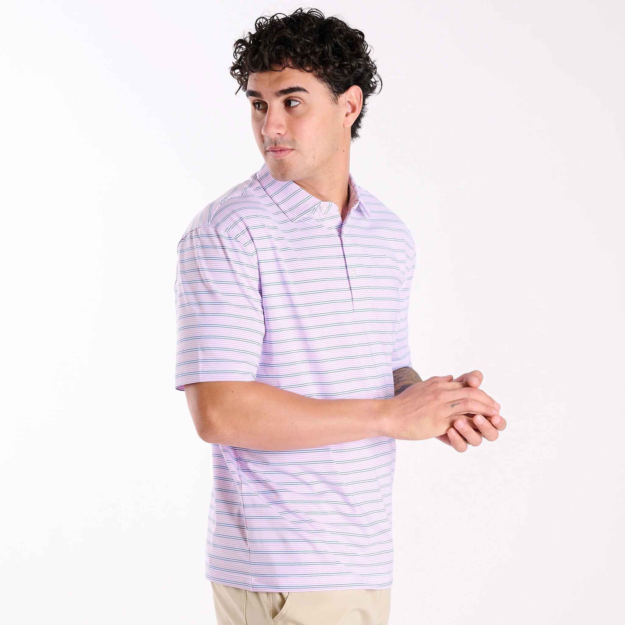 Men's Purple and Blue Striped UPF Polo - Image 4