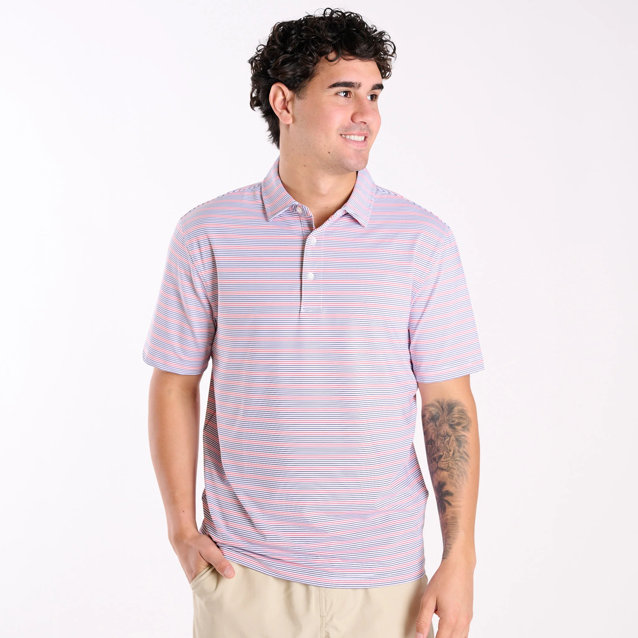 Men's Red and Blue Striped UPF Polo - Image 3
