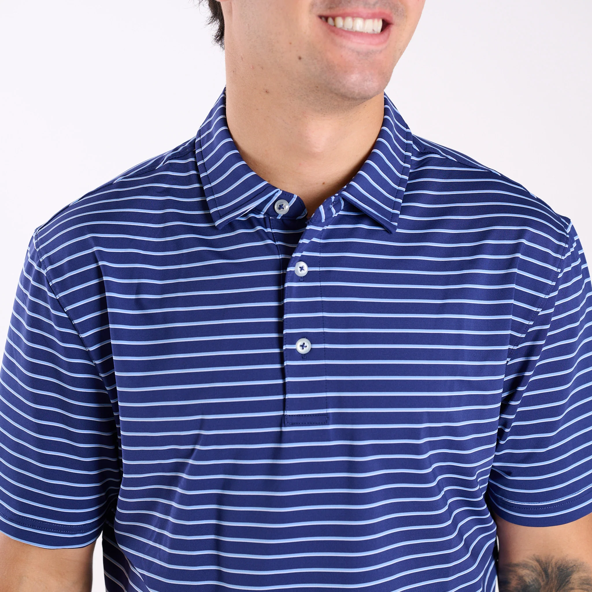 Men's Striped UPF Polo in Navy - Image 2