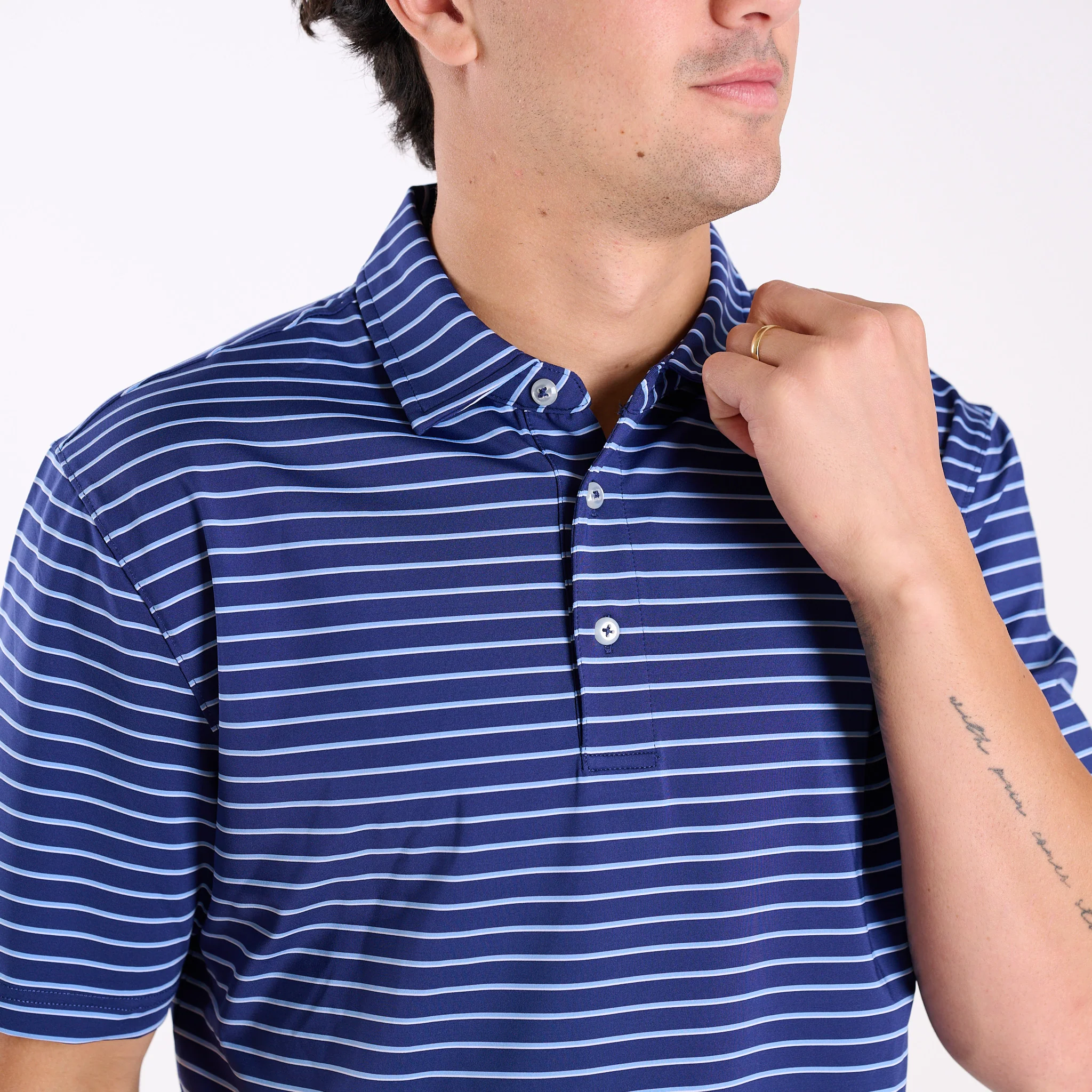Men's Striped UPF Polo in Navy - Image 3