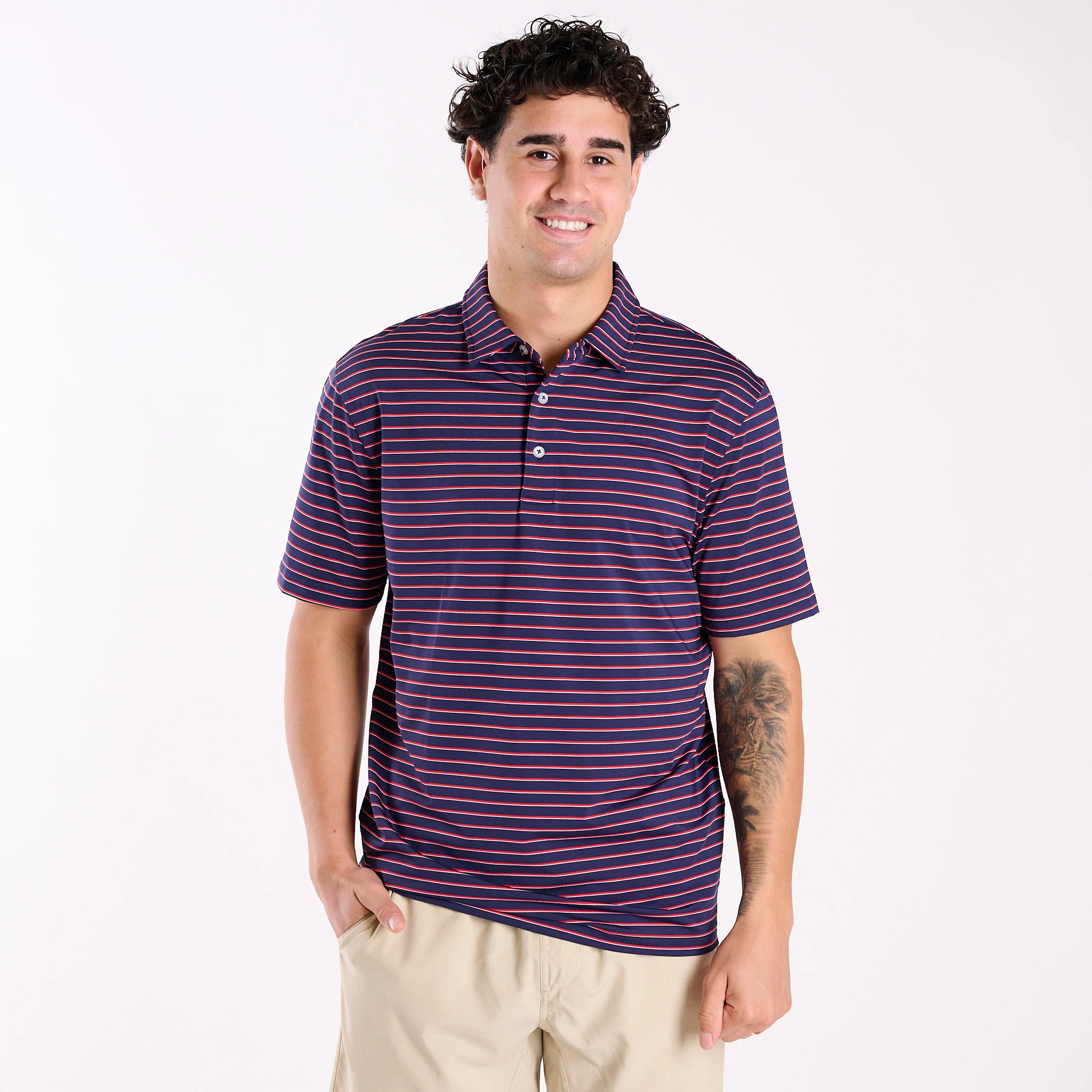 Men's Striped UPF Polo in Red