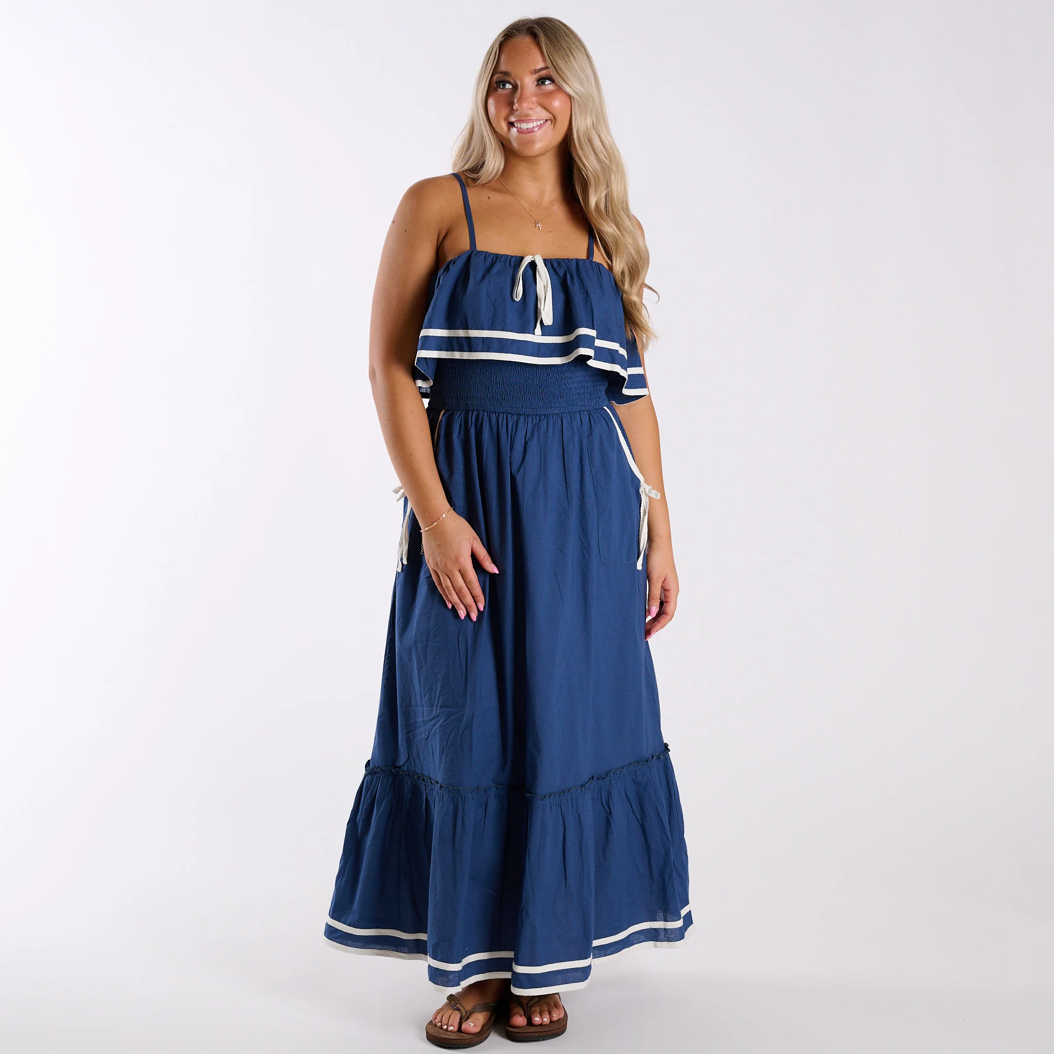 Nautical Trim Sleeveless Maxi Dress in Navy