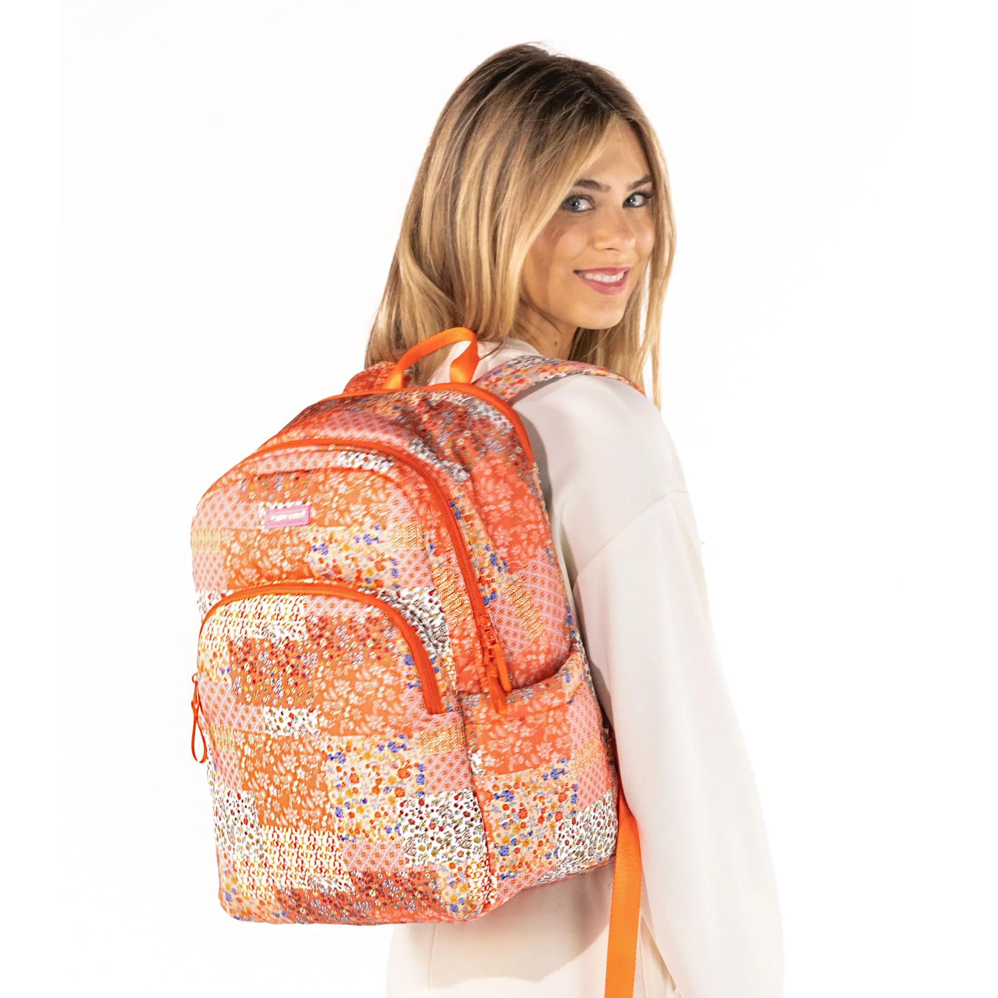 Quilted Floral Backpack in Coral - Image 2