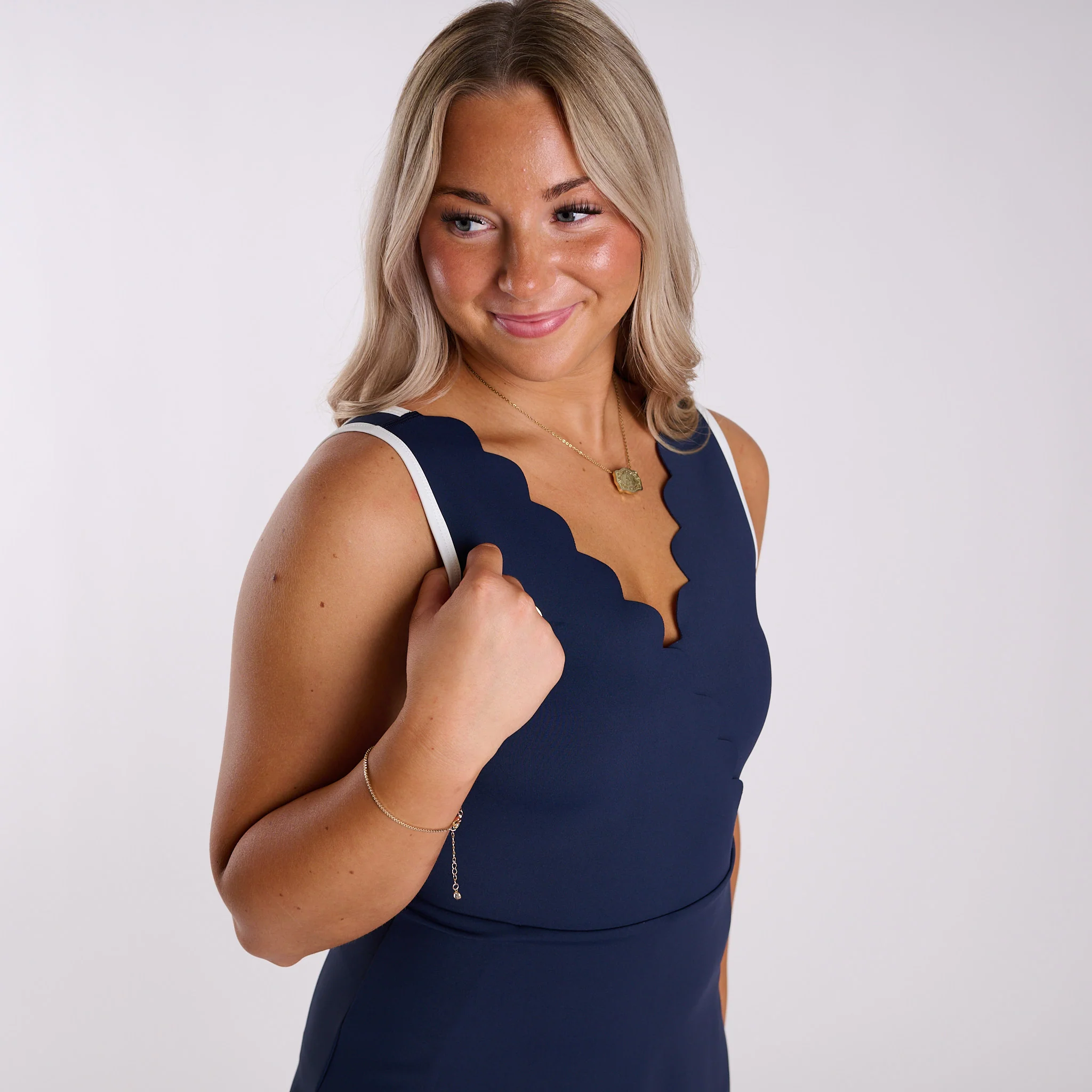 Scallop V-Neck Athletic Dress in Navy - Image 5