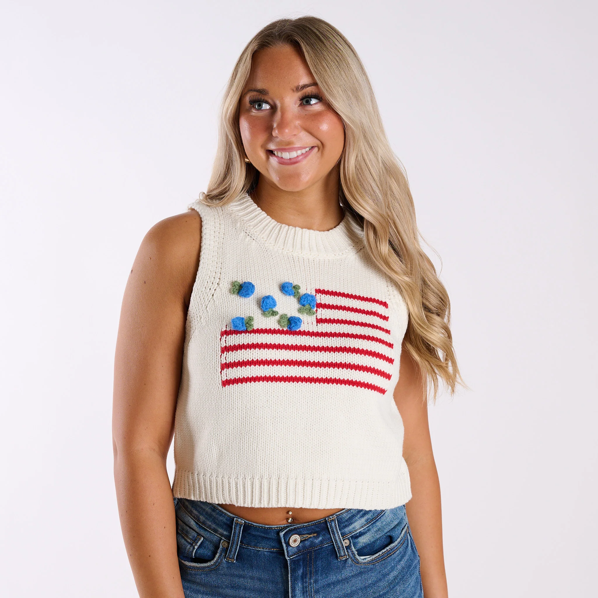 USA Flower Flag Sweater Tank in White