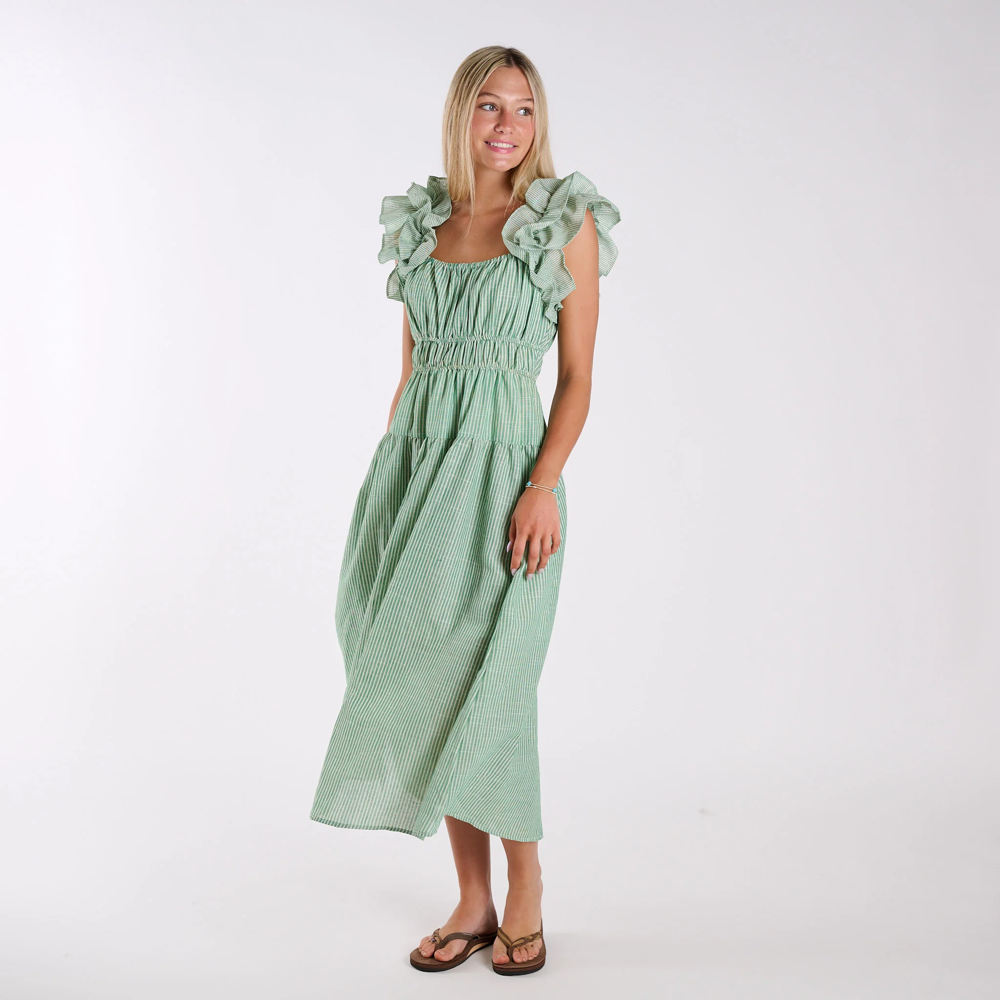 Ruffle Shoulder Striped Maxi Dress