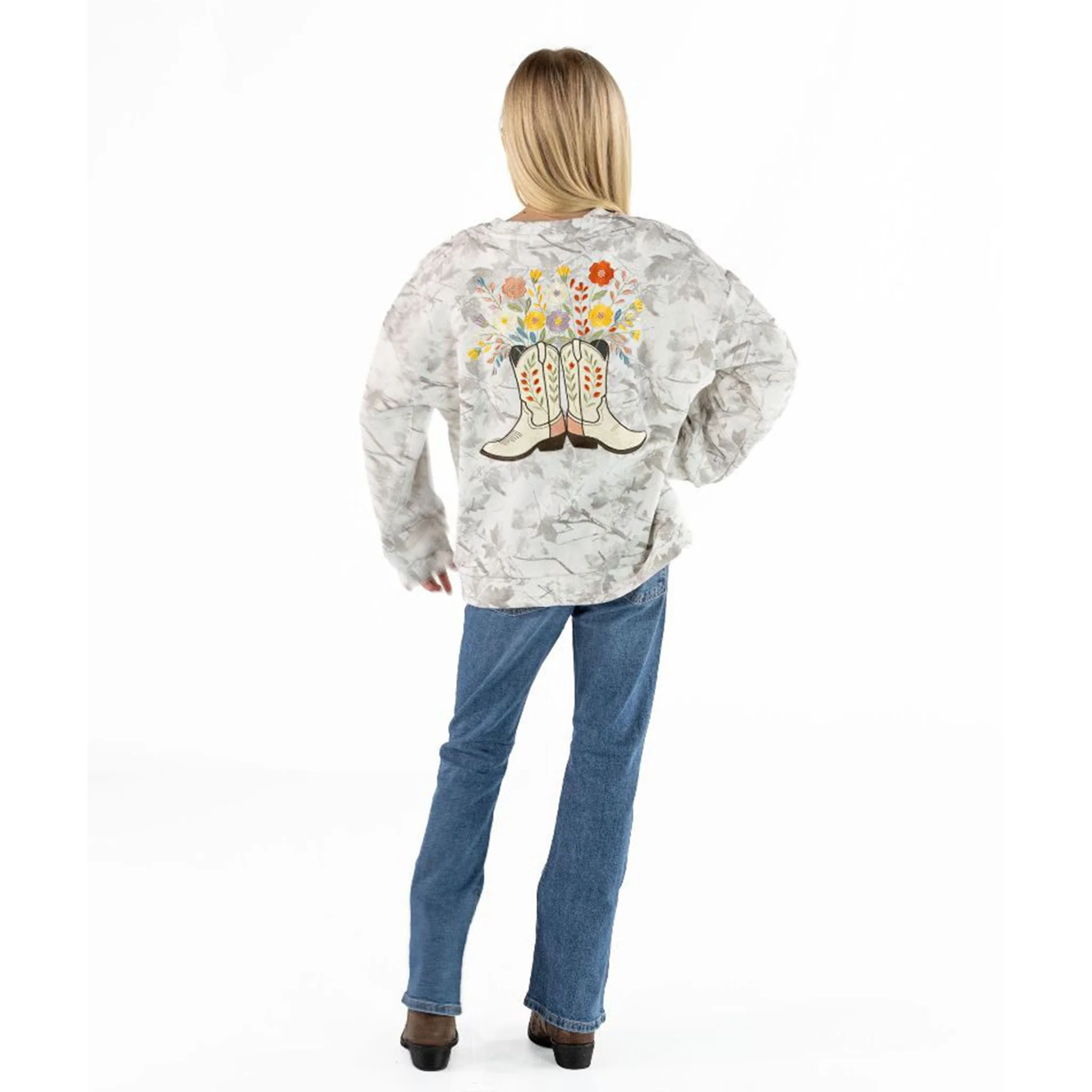 Youth Floral Cowboy Boots Crewneck Sweatshirt - Image 3